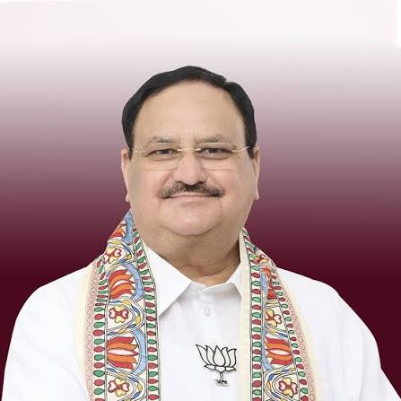 Portrait of Jagat Prakash Nadda wearing a white kurta and a patterned stole