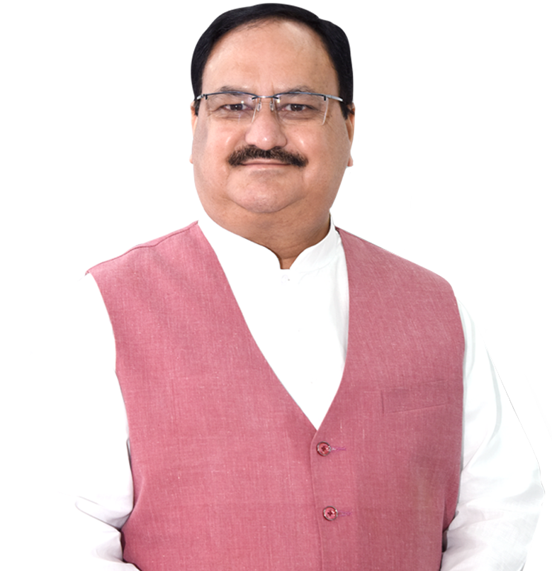 Jagat Prakash Nadda, wearing spectacles, a white shirt and a rose-coloured sleeveless jacket