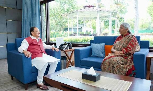 Jagat Prakash Nadda and Nirmala Sitharaman seated in armchairs in conversation